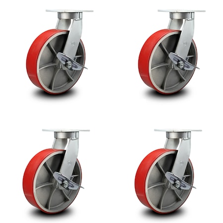 Service Caster 12 Inch Heavy Duty Red Poly on Cast Iron Swivel Caster Set with Brakes, 4PK SCC-KP92S1230-PUR-RS-SLB-4